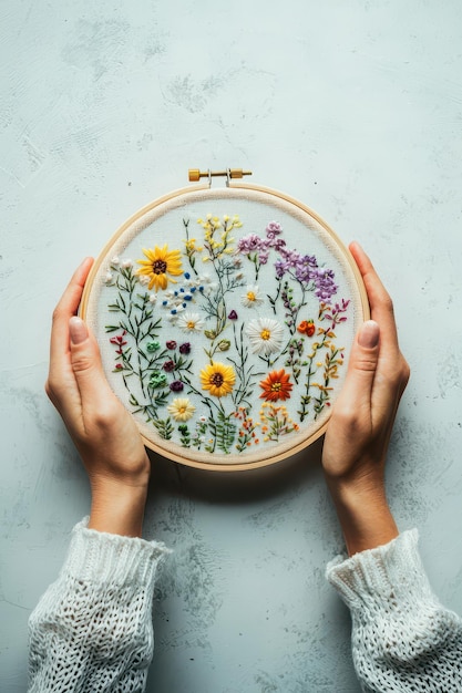 dłonie trzymające tamborek z haftem