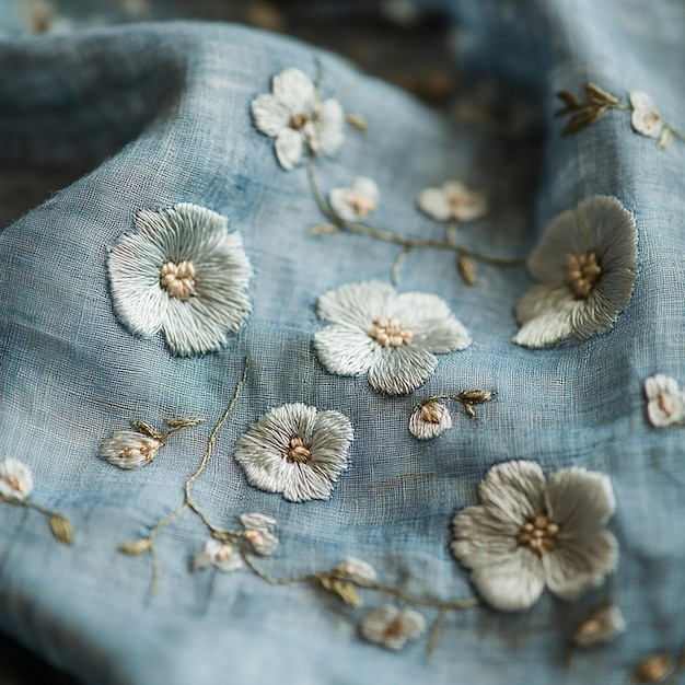 haftowany kwiat na lnianej tkaninie